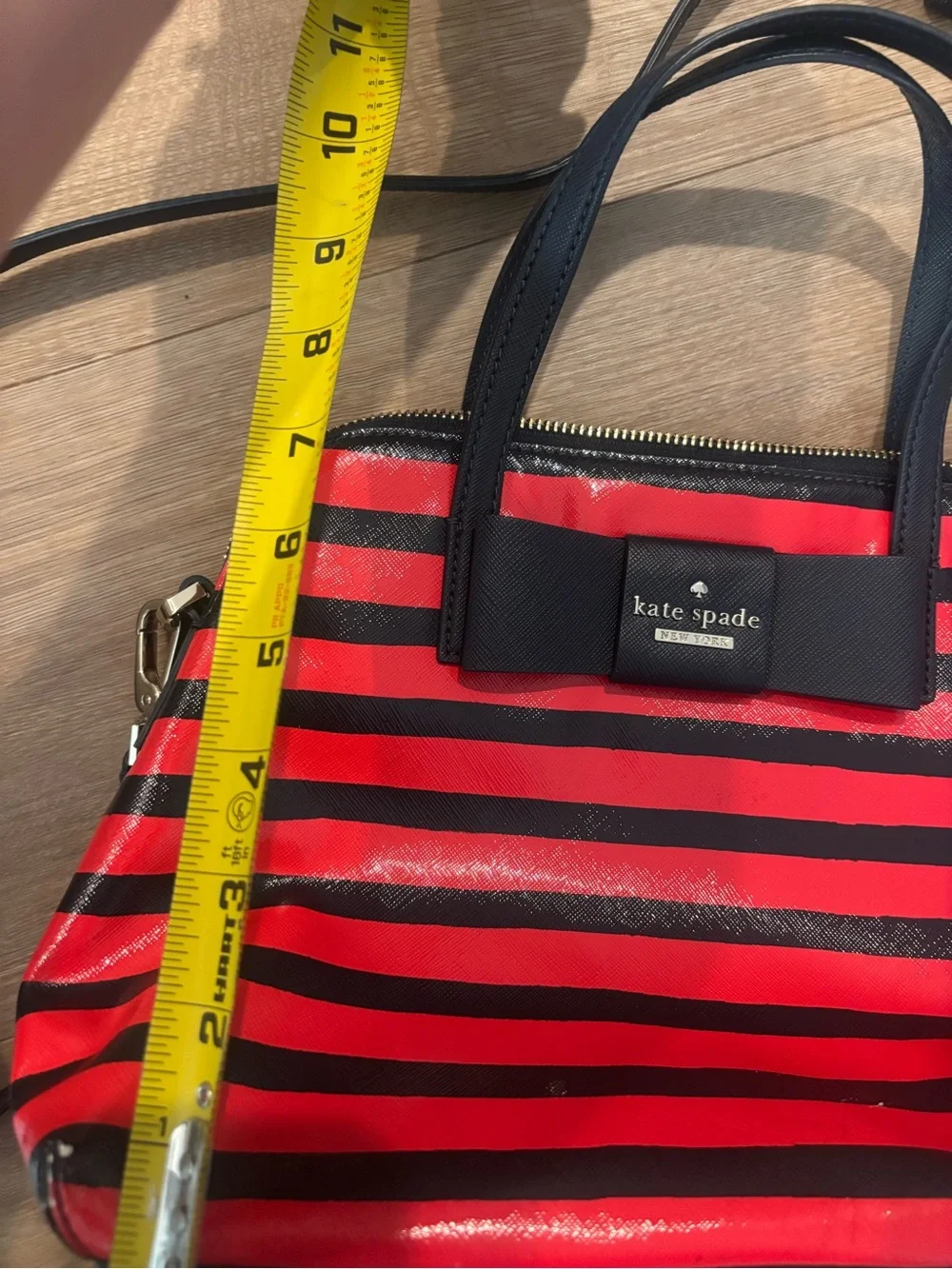 kate spade Red and Navy Striped Dome Satchel with Bow Accent